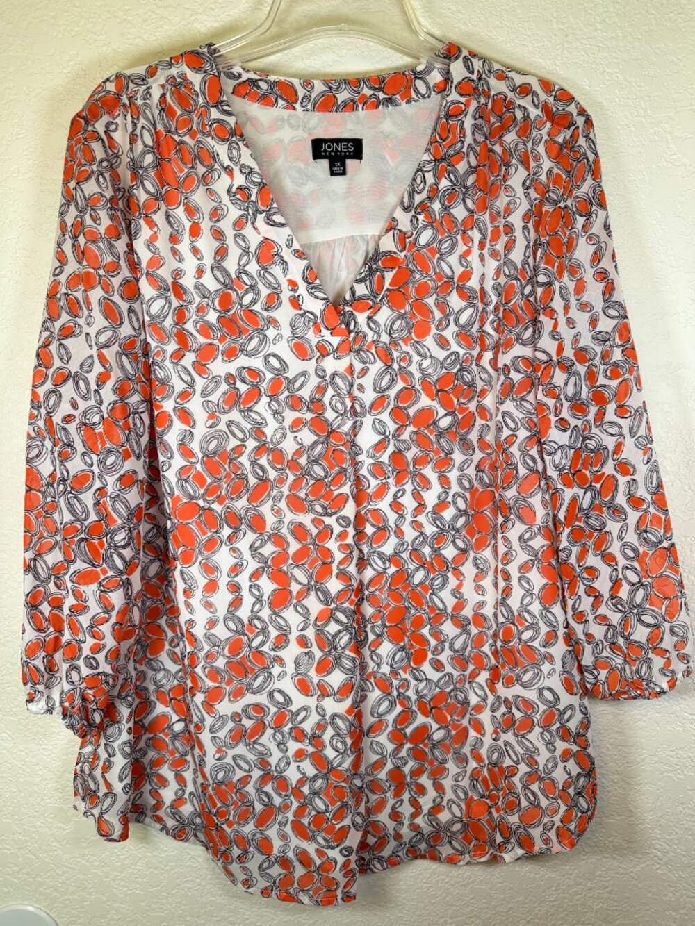 Jones New York Orange Black White Print V Neck Popover Blouse Womens Size 1X